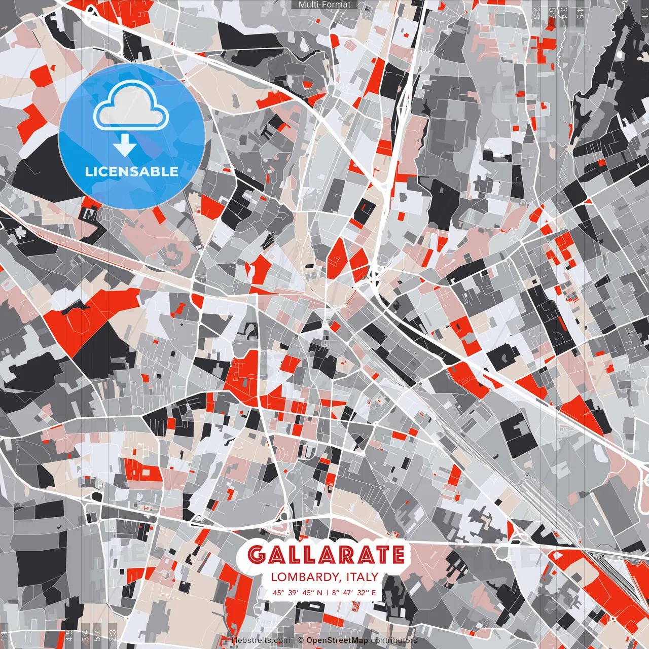 Gallarate, Lombardy, Italy - modern street map poster template with gray and red tones