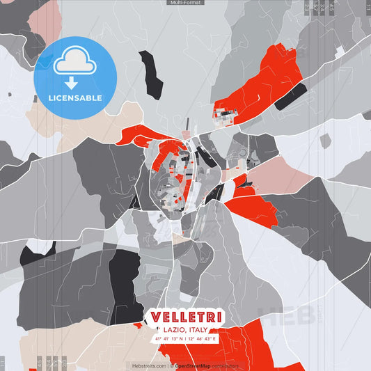 Velletri, Lazio, Italy - modern street map poster template with gray and red tones