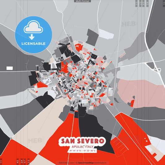 San Severo, Apulia, Italy - modern street map poster template with gray and red tones