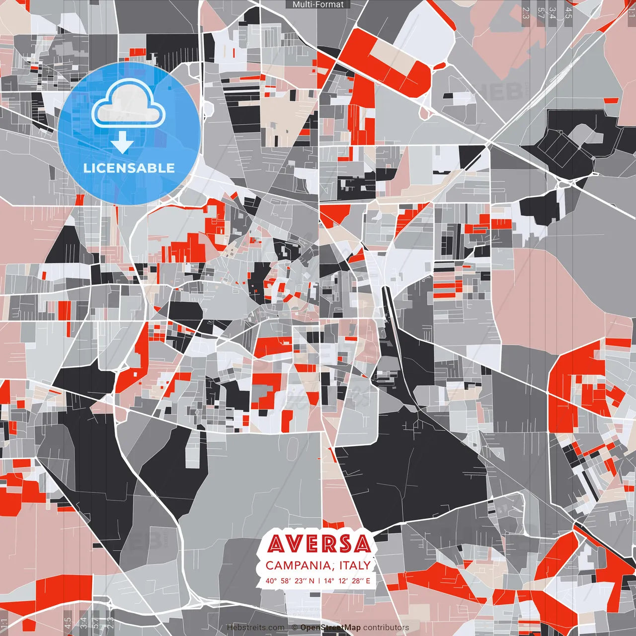 Aversa, Campania, Italy - modern street map poster template with gray and red tones