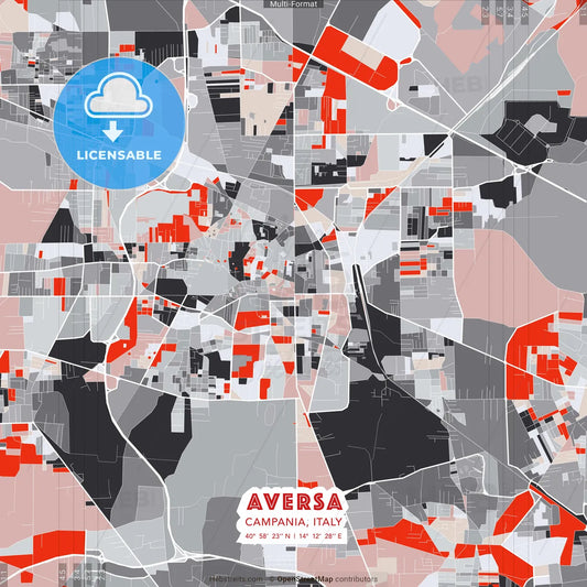 Aversa, Campania, Italy - modern street map poster template with gray and red tones