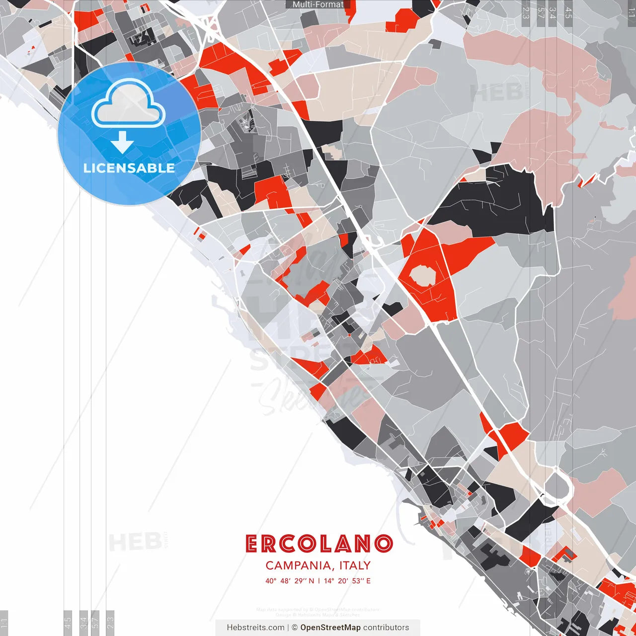 Ercolano, Campania, Italy - modern street map poster template with gray and red tones