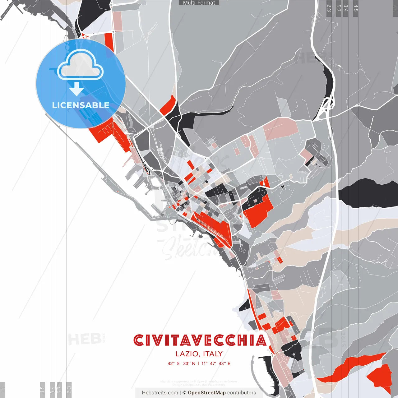 Civitavecchia, Lazio, Italy - modern street map poster template with gray and red tones