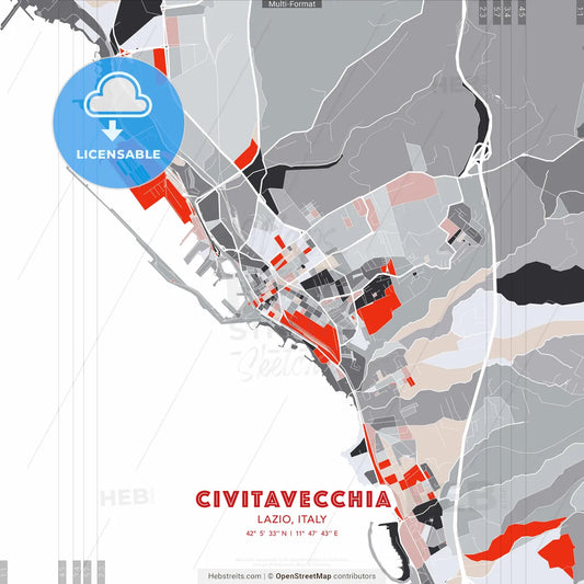 Civitavecchia, Lazio, Italy - modern street map poster template with gray and red tones
