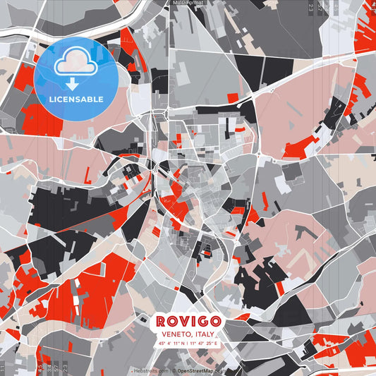 Rovigo, Veneto, Italy - modern street map poster template with gray and red tones