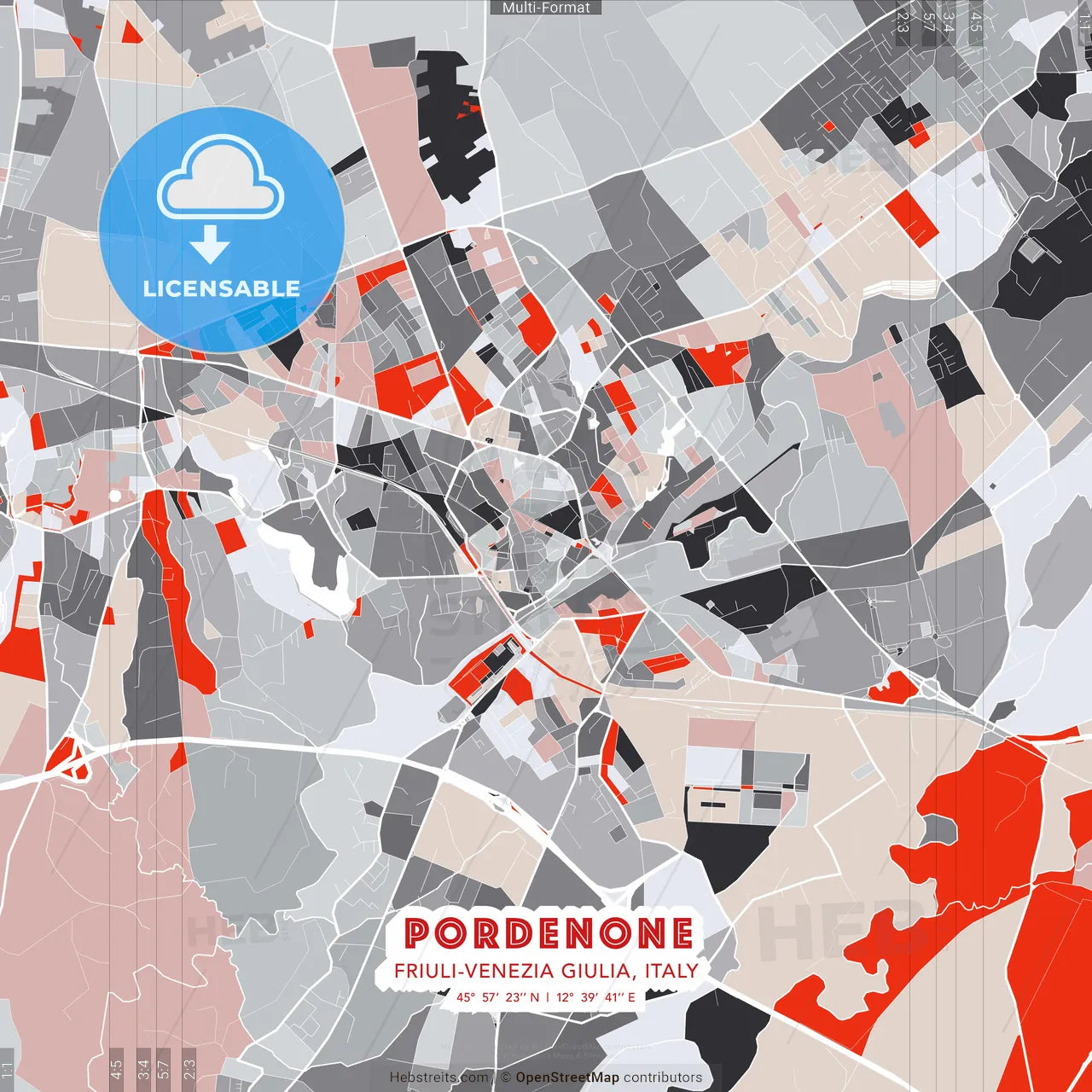 Pordenone, Friuli-Venezia Giulia, Italy - modern street map poster template with gray and red tones