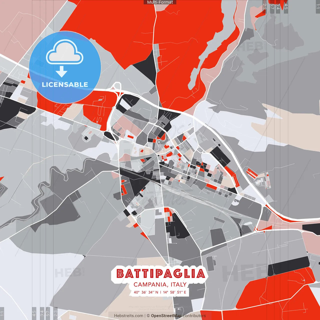 Battipaglia, Campania, Italy - modern street map poster template with gray and red tones