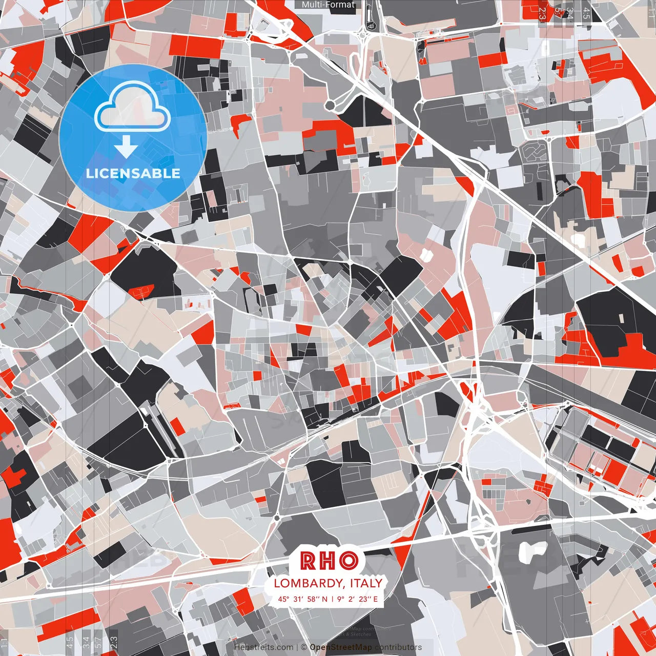 Rho, Lombardy, Italy - modern street map poster template with gray and red tones