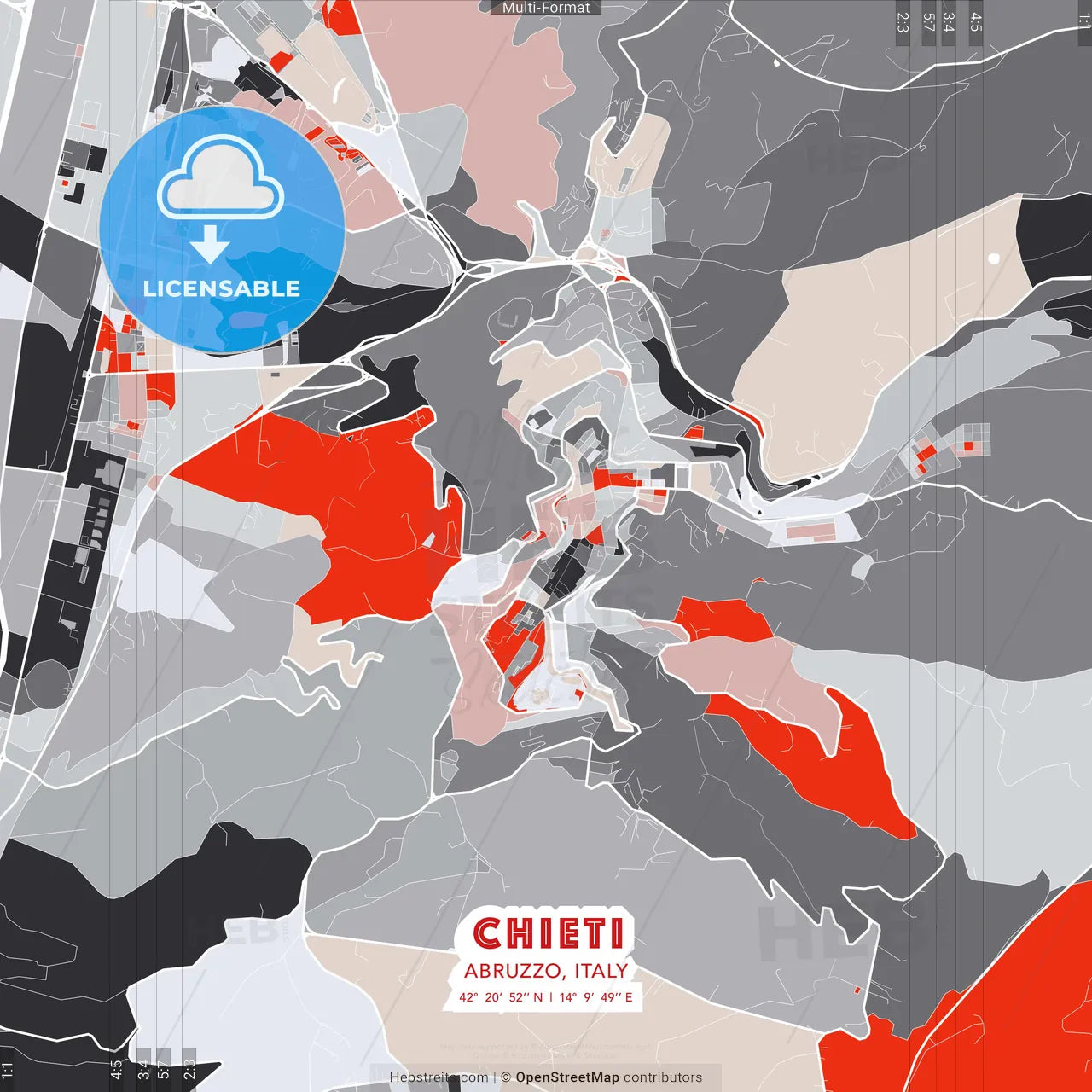 Chieti, Abruzzo, Italy - modern street map poster template with gray and red tones