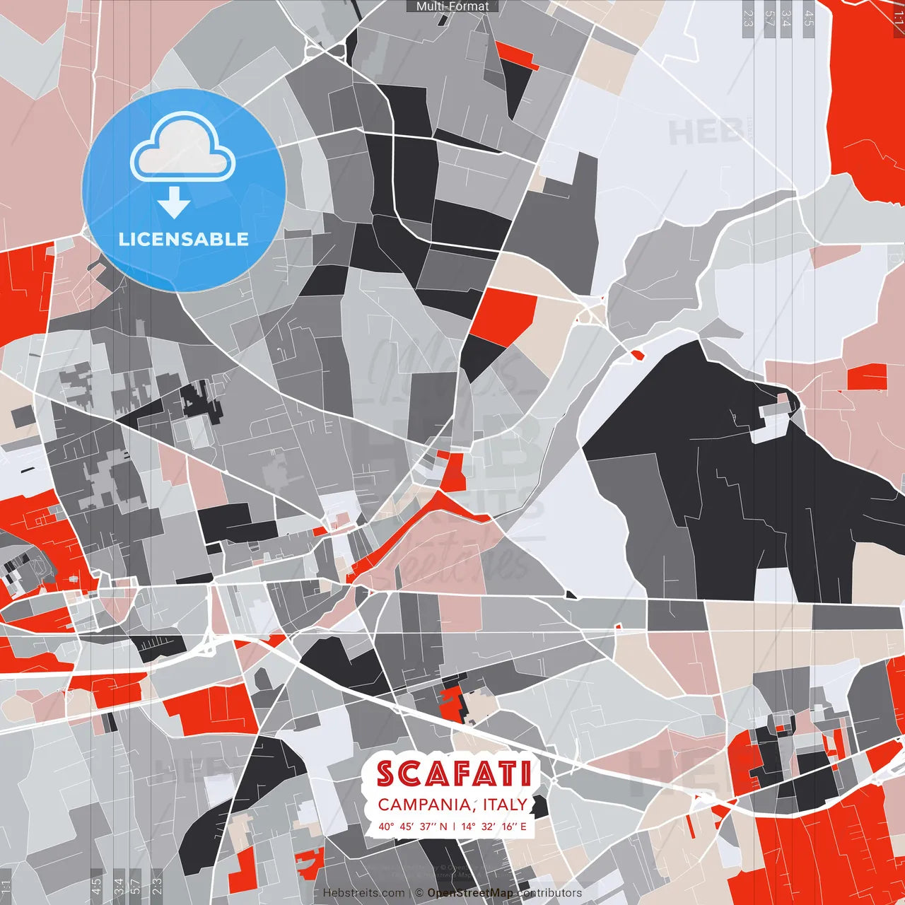 Scafati, Campania, Italy - modern street map poster template with gray and red tones