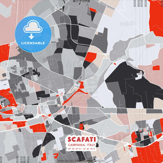 Scafati, Campania, Italy - modern street map poster template with gray and red tones