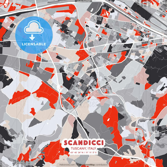 Scandicci, Tuscany, Italy - modern street map poster template with gray and red tones