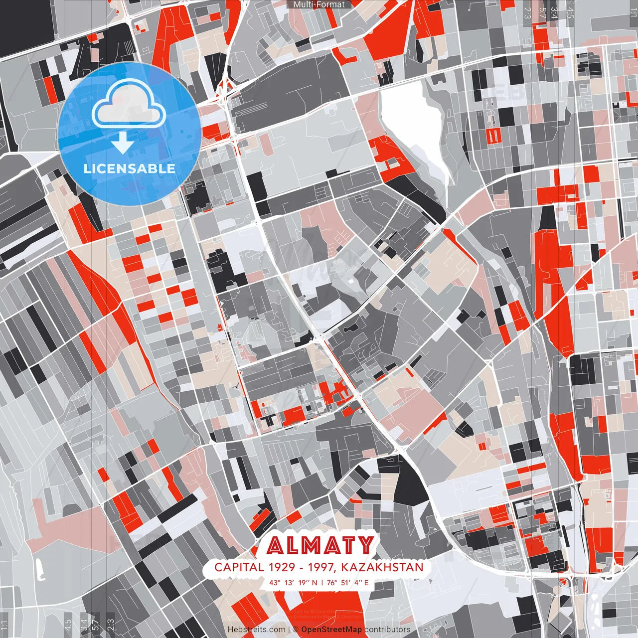 Almaty, Capital 1929 - 1997, Kazakhstan - modern street map poster template with gray and red tones