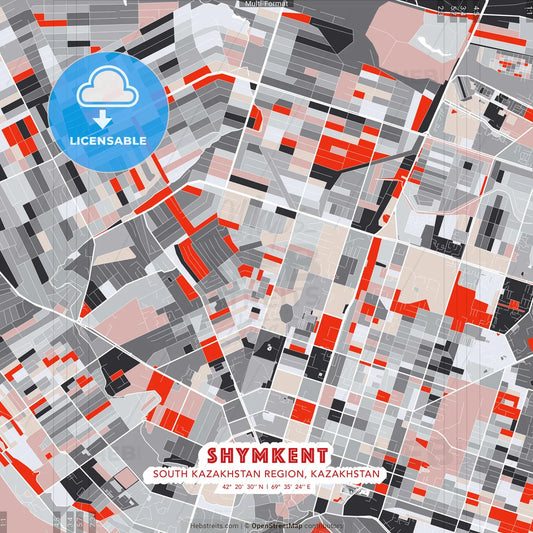 Shymkent, South Kazakhstan Region, Kazakhstan - modern street map poster template with gray and red tones