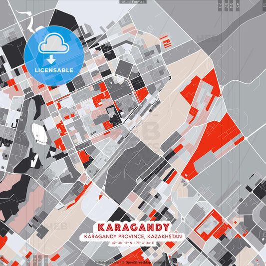 Karagandy, Karagandy Province, Kazakhstan - modern street map poster template with gray and red tones