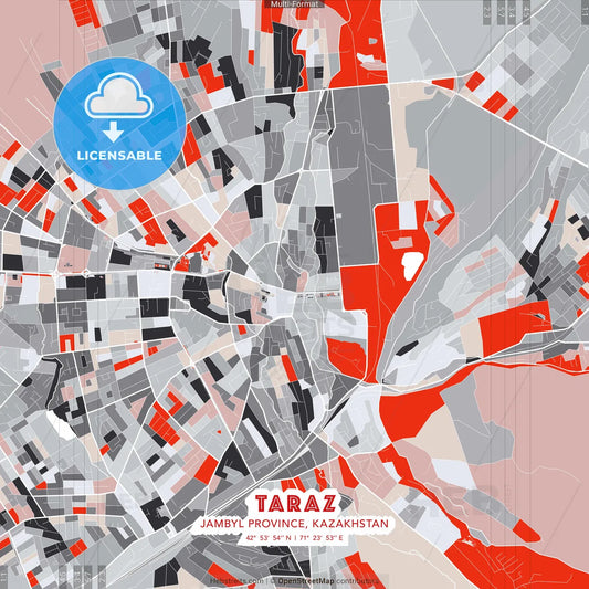 Taraz, Jambyl Province, Kazakhstan - modern street map poster template with gray and red tones