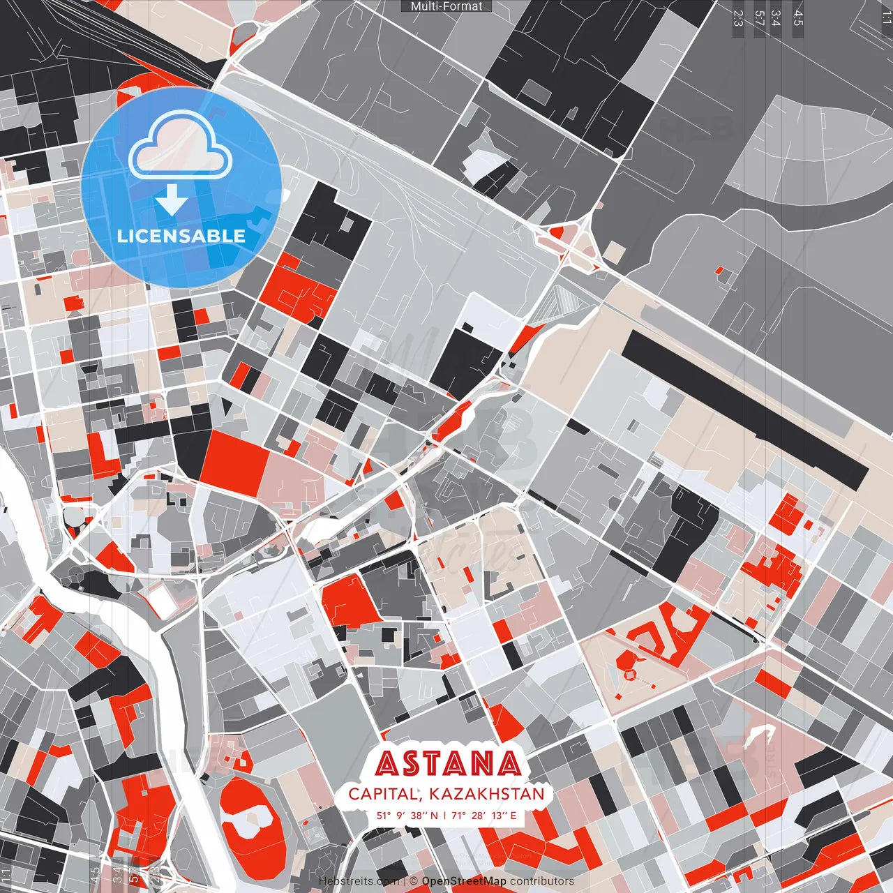 Astana, Capital, Kazakhstan - modern street map poster template with gray and red tones