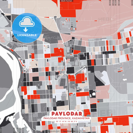 Pavlodar, Pavlodar Province, Kazakhstan - modern street map poster template with gray and red tones