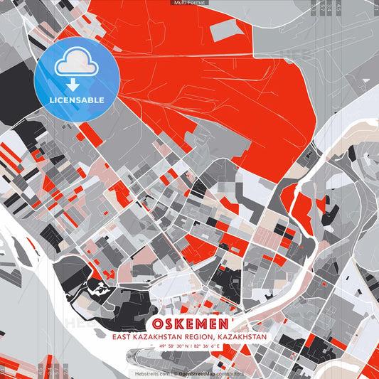 Oskemen, East Kazakhstan Region, Kazakhstan - modern street map poster template with gray and red tones