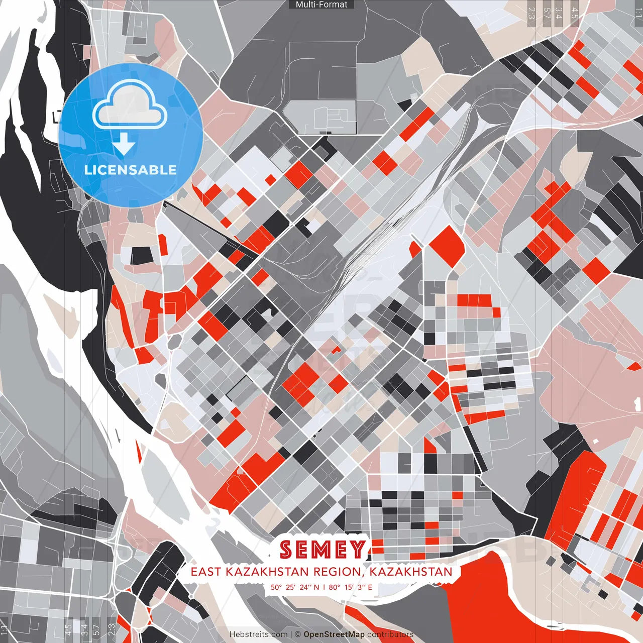 Semey, East Kazakhstan Region, Kazakhstan - modern street map poster template with gray and red tones