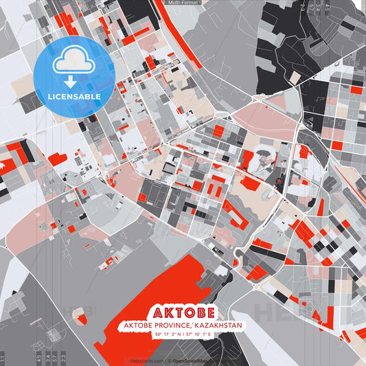 Aktobe, Aktobe Province, Kazakhstan - modern street map poster template with gray and red tones