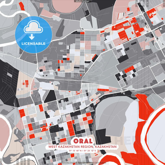 Oral, West Kazakhstan Region, Kazakhstan - modern street map poster template with gray and red tones