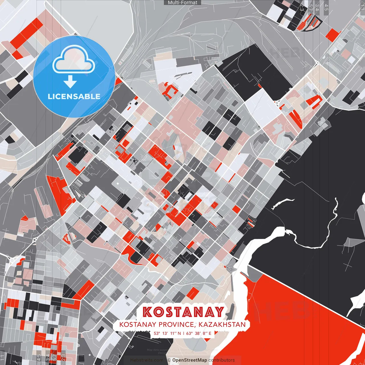 Kostanay, Kostanay Province, Kazakhstan - modern street map poster template with gray and red tones