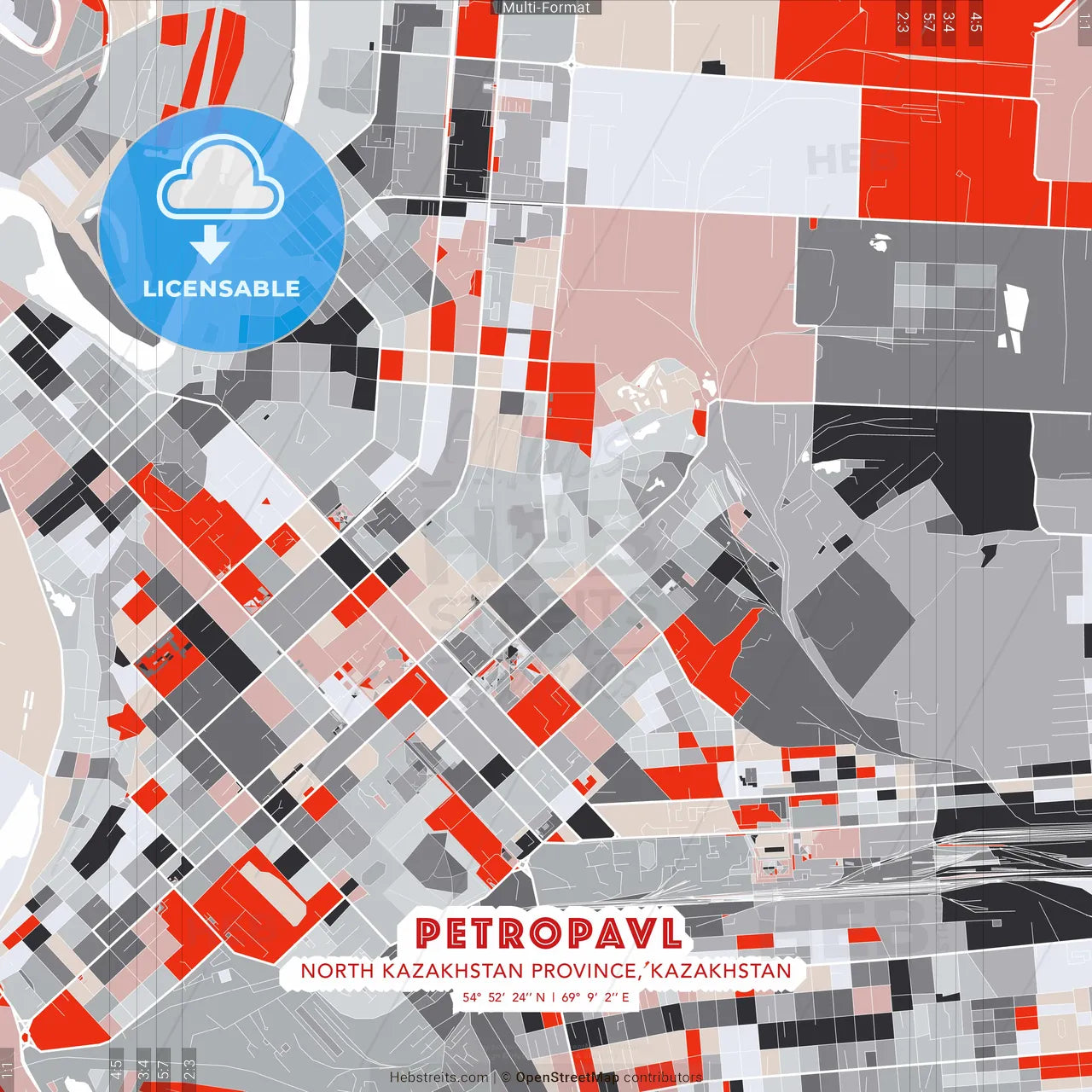 Petropavl, North Kazakhstan Province, Kazakhstan - modern street map poster template with gray and red tones