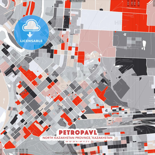 Petropavl, North Kazakhstan Province, Kazakhstan - modern street map poster template with gray and red tones