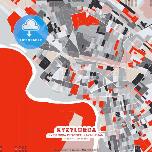Kyzylorda, Kyzylorda Province, Kazakhstan - modern street map poster template with gray and red tones