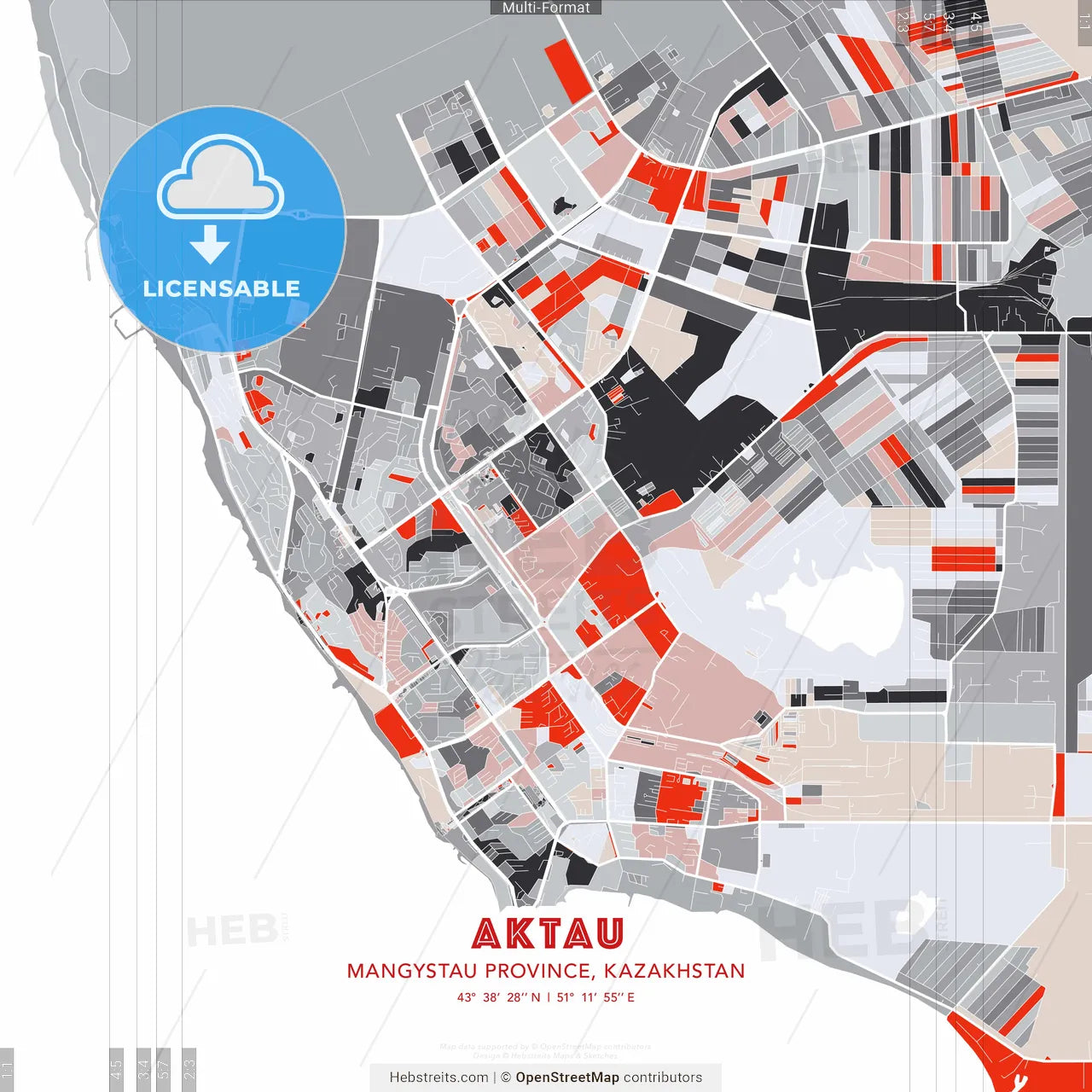 Aktau, Mangystau Province, Kazakhstan - modern street map poster template with gray and red tones