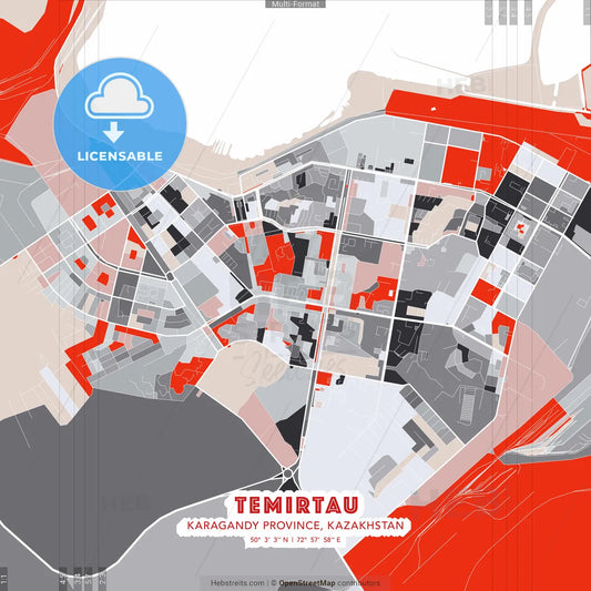Temirtau, Karagandy Province, Kazakhstan - modern street map poster template with gray and red tones
