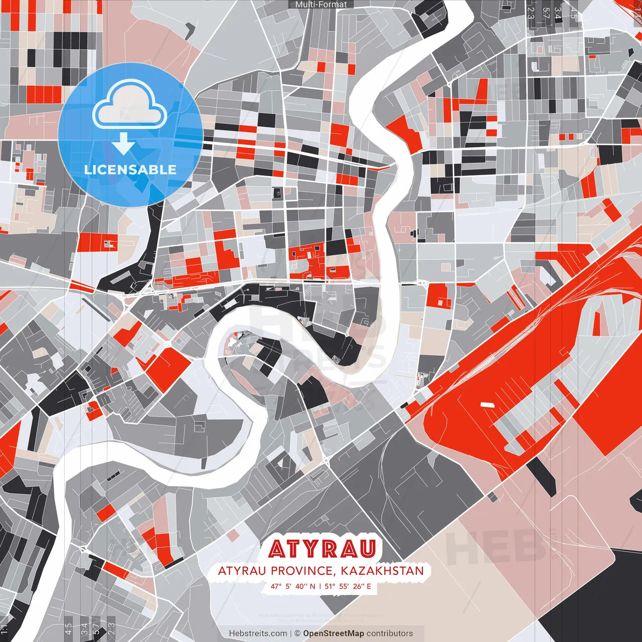 Atyrau, Atyrau province, Kazakhstan - modern street map poster template with gray and red tones