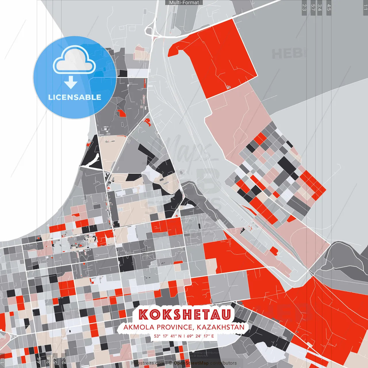 Kokshetau, Akmola Province, Kazakhstan - modern street map poster template with gray and red tones