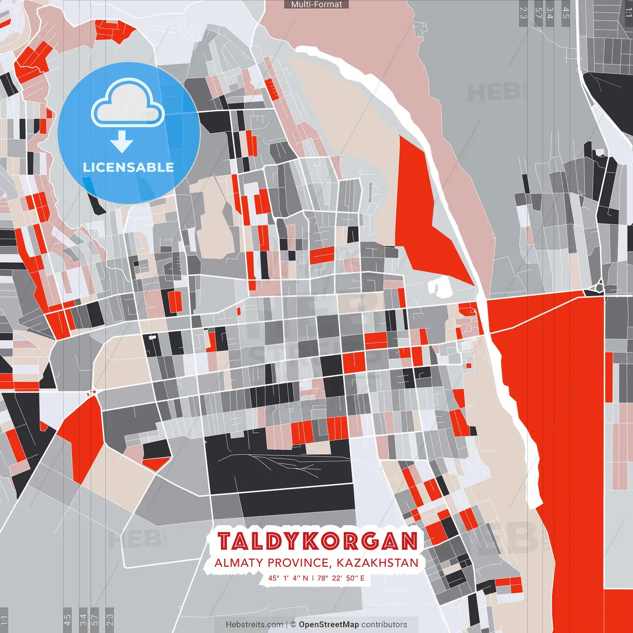 Taldykorgan, Almaty Province, Kazakhstan - modern street map poster template with gray and red tones