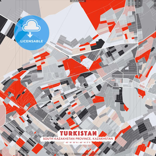 Turkistan, South Kazakhstan Province, Kazakhstan - modern street map poster template with gray and red tones