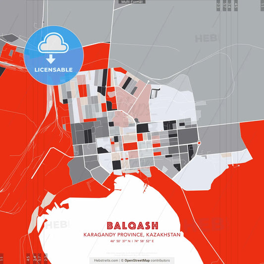 Balqash, Karagandy Province, Kazakhstan - modern street map poster template with gray and red tones