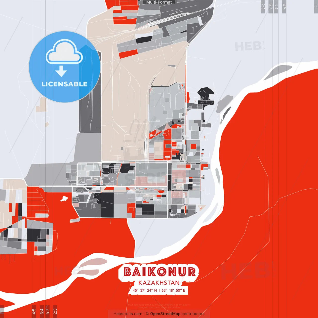 Baikonur, Kazakhstan - modern street map poster template with gray and red tones