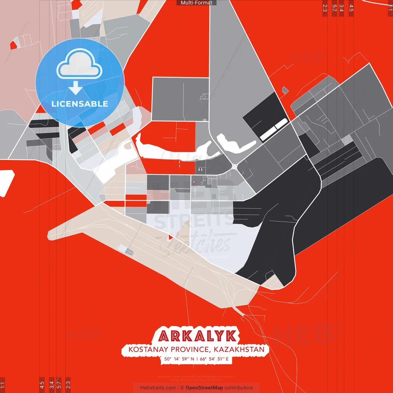Arkalyk, Kostanay Province, Kazakhstan - modern street map poster template with gray and red tones