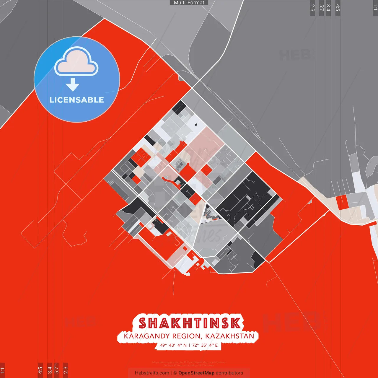 Shakhtinsk, Karagandy Region, Kazakhstan - modern street map poster template with gray and red tones