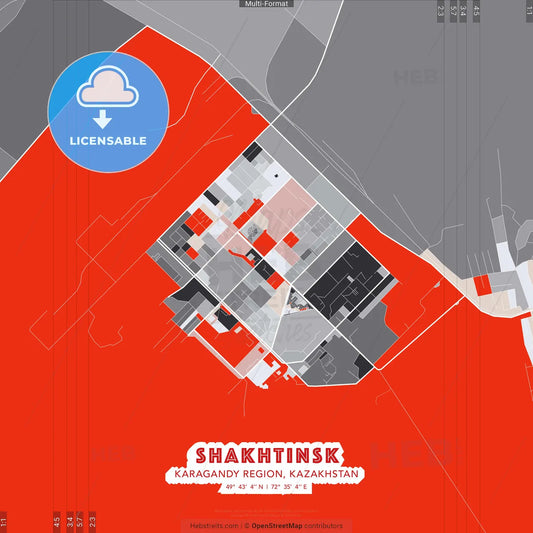 Shakhtinsk, Karagandy Region, Kazakhstan - modern street map poster template with gray and red tones