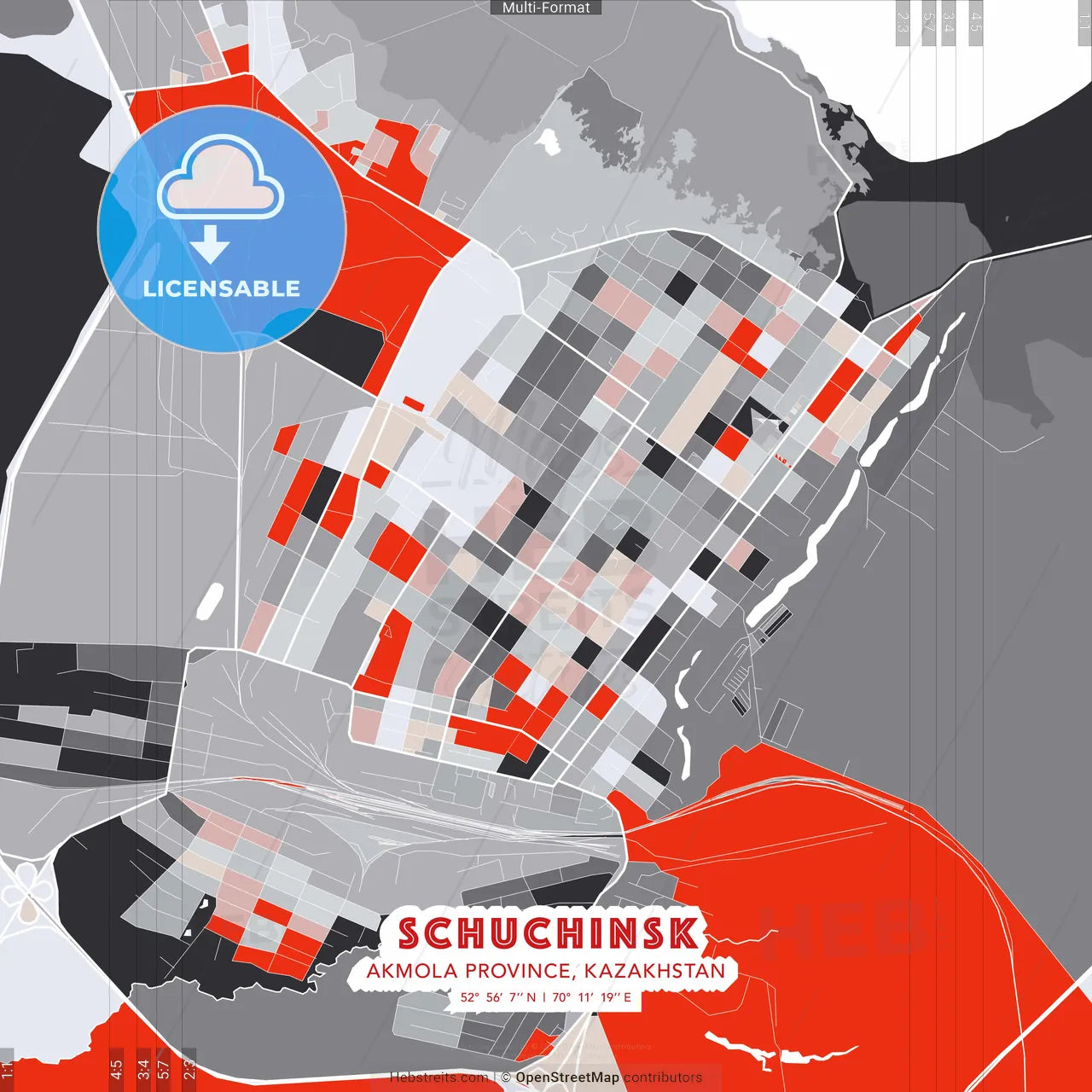 Schuchinsk, Akmola Province, Kazakhstan - modern street map poster template with gray and red tones