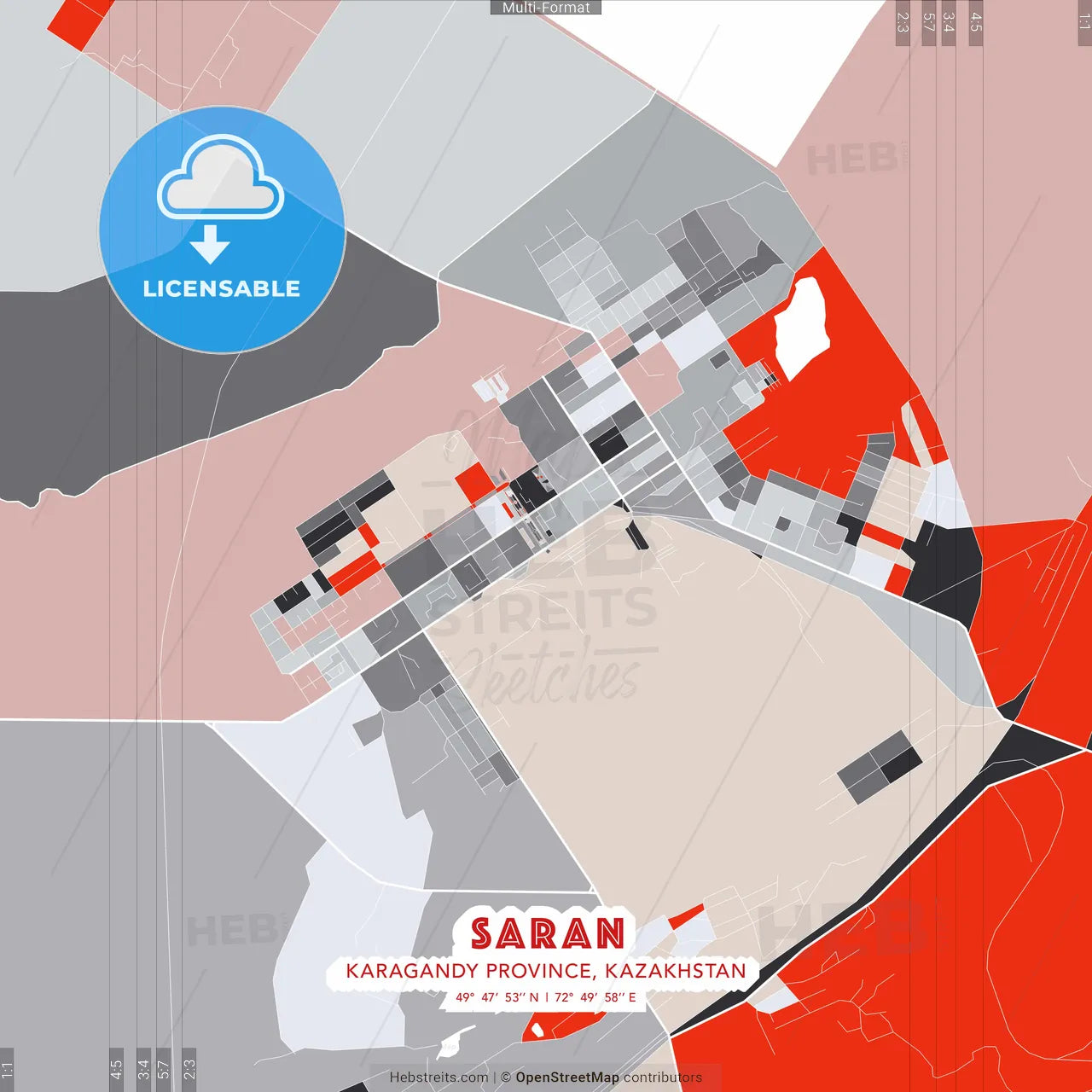 Saran, Karagandy Province, Kazakhstan - modern street map poster template with gray and red tones