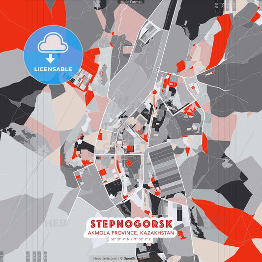 Stepnogorsk, Akmola Province, Kazakhstan - modern street map poster template with gray and red tones