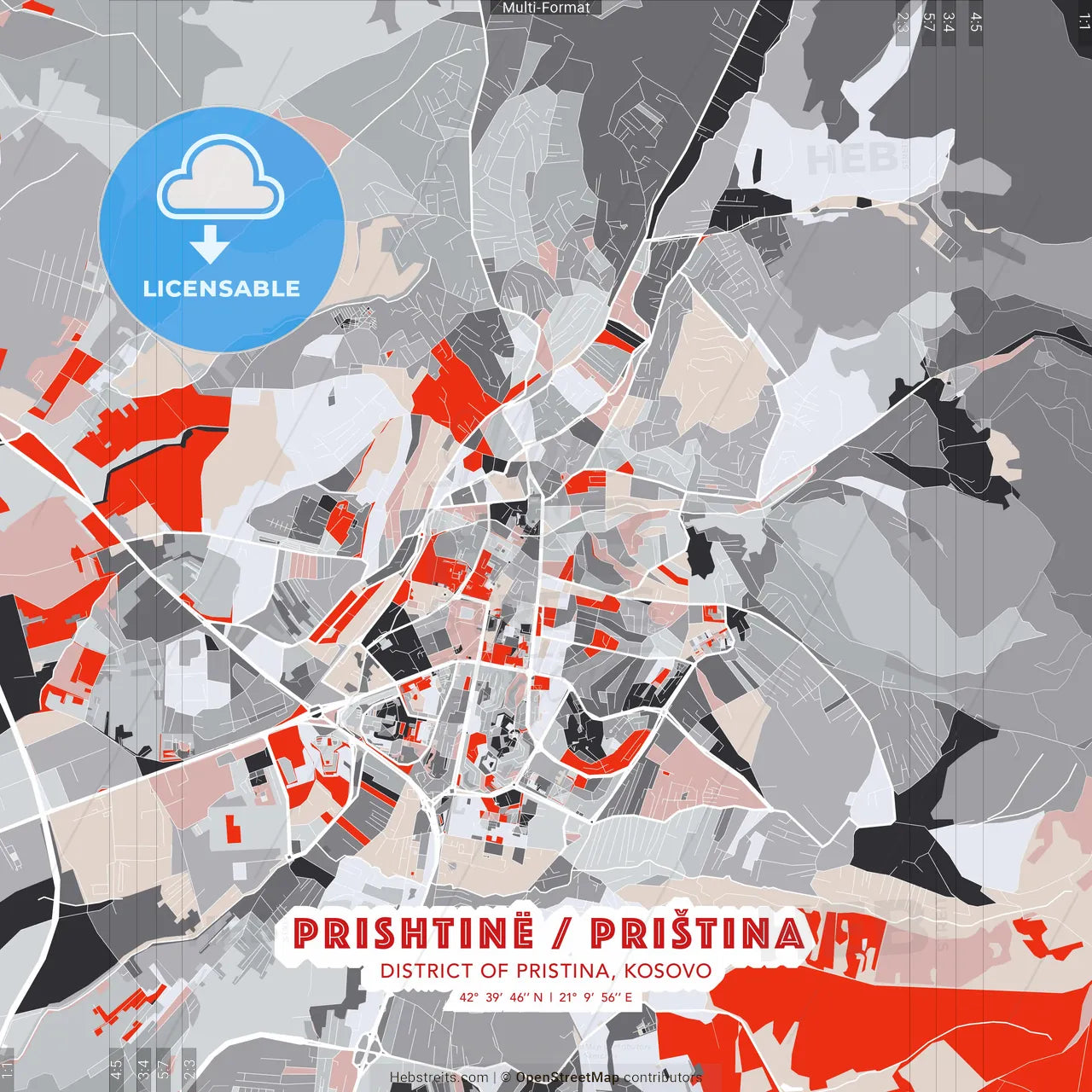 Prishtinë / Priština, District of Pristina, Kosovo - modern street map poster template with gray and red tones
