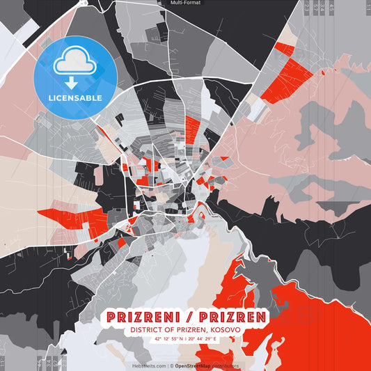 Prizreni / Prizren, District of Prizren, Kosovo - modern street map poster template with gray and red tones