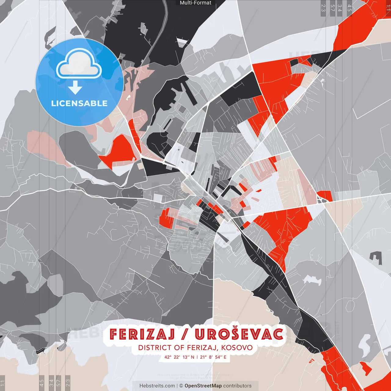 Ferizaj / Uroševac, District of Ferizaj, Kosovo - modern street map poster template with gray and red tones