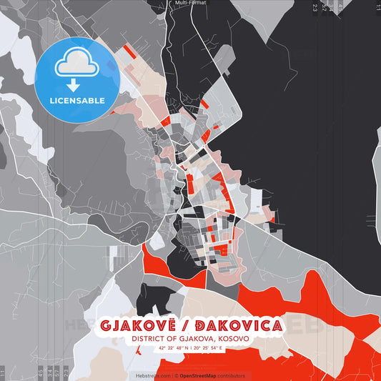 Gjakovë / Đakovica, District of Gjakova, Kosovo - modern street map poster template with gray and red tones