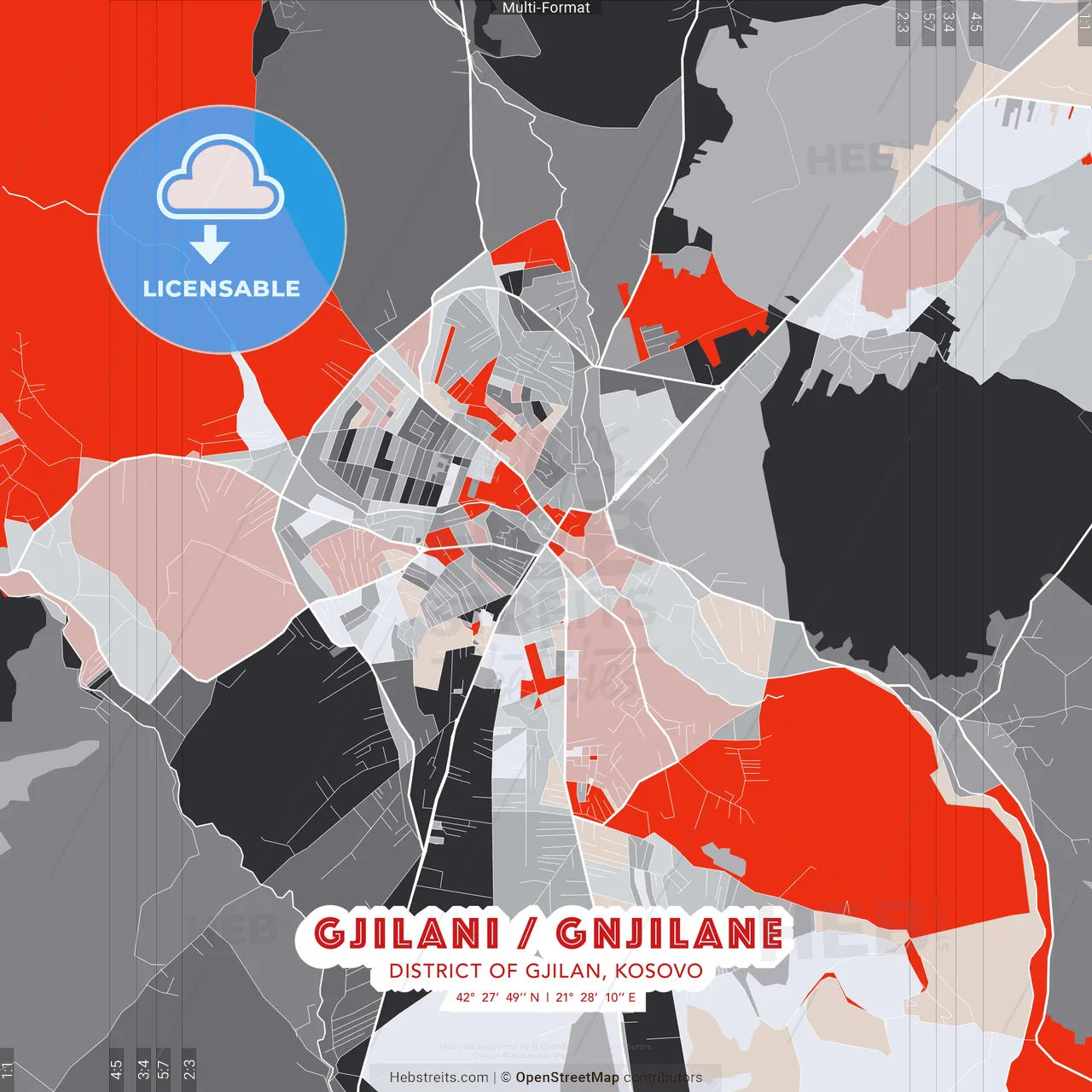 Gjilani / Gnjilane, District of Gjilan, Kosovo - modern street map poster template with gray and red tones