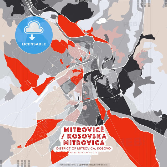 Mitrovicë / Kosovska Mitrovica, District of Mitrovica, Kosovo - modern street map poster template with gray and red tones